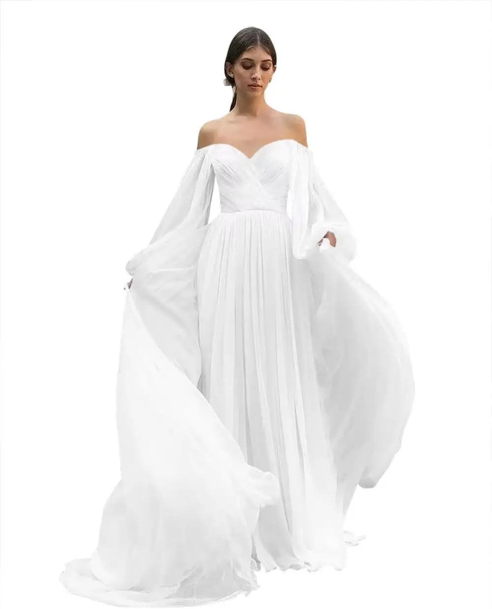 Abito da sposa Boho con spalle scoperte in chiffon gonfio maniche lunghe abiti da sera formali da ballo con tasche abito da sposa da sposa