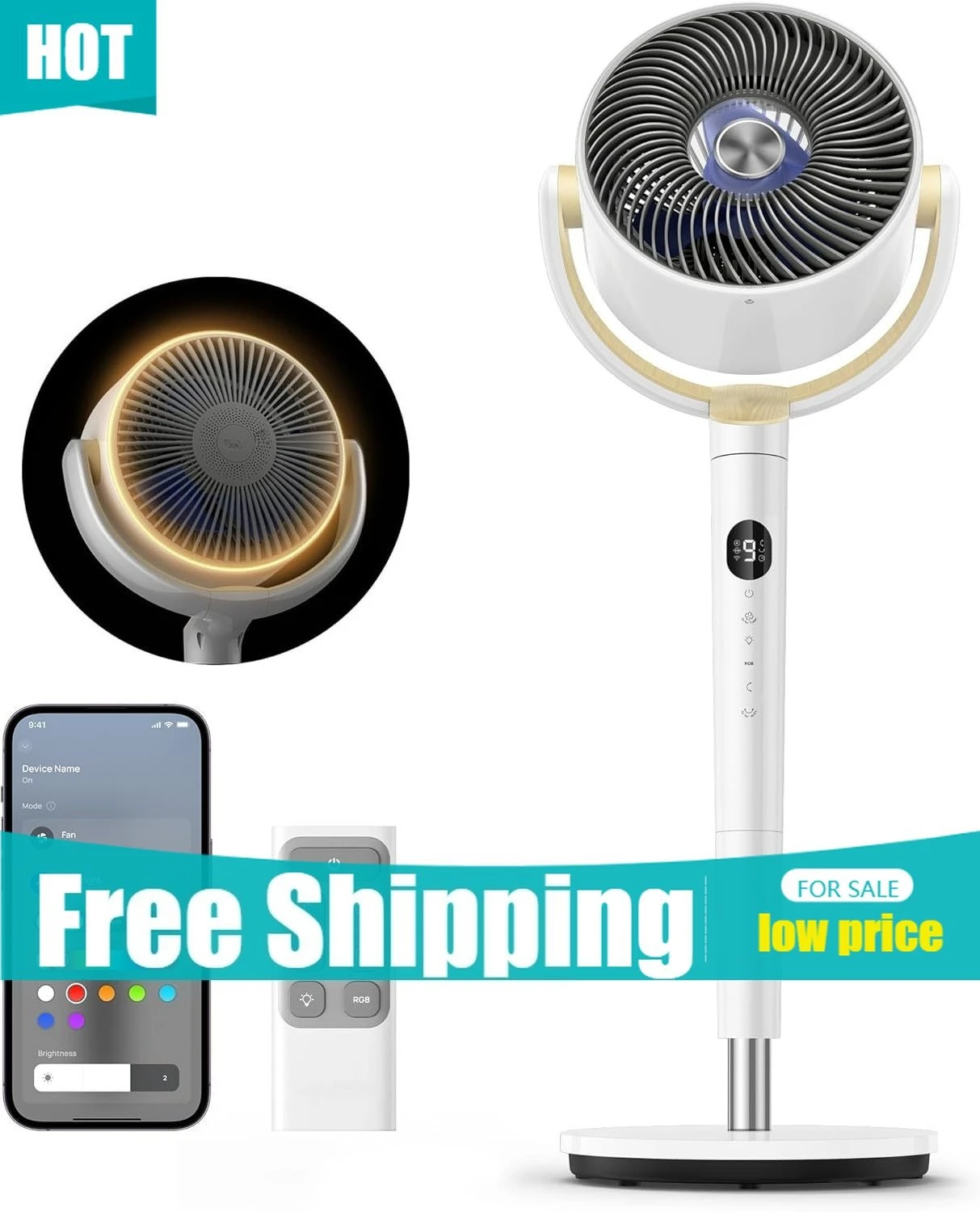 

Smart Fan for Bedroom, 120° +120° Omni-Directional Oscillating Fans,100ft Quiet Pedestal Fan with RGB Light,9 Speeds,6 Modes