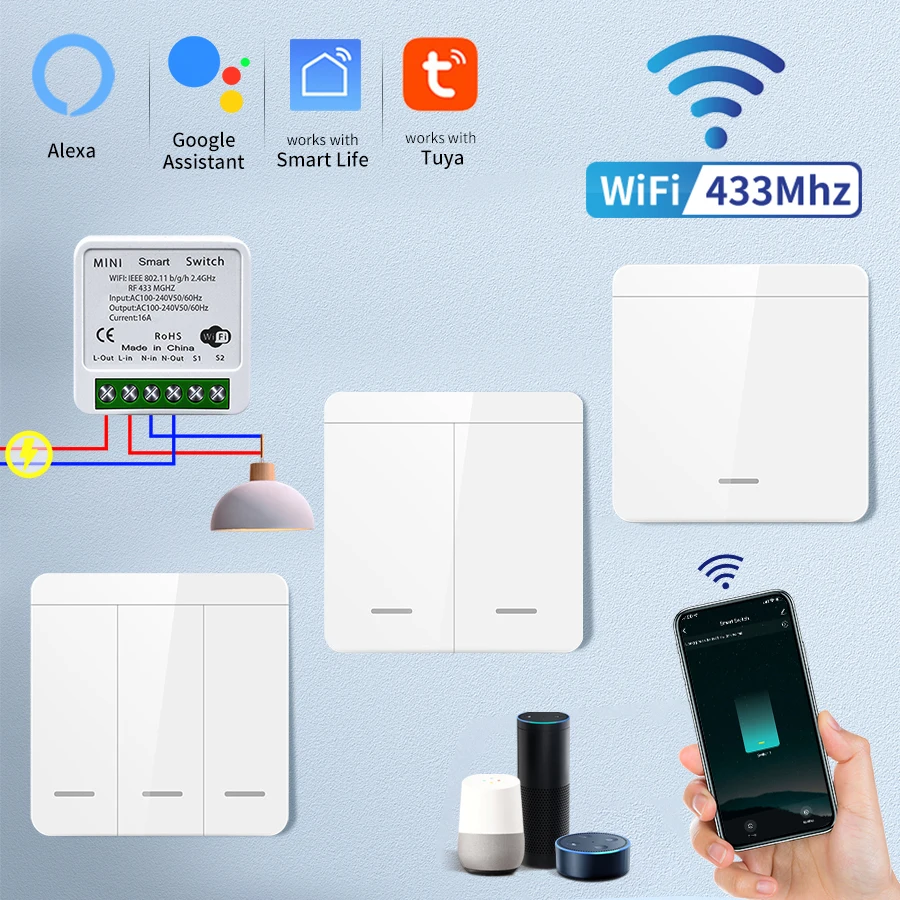Tuya Inteligentny przełącznik WiFi do oświetlenia RF 433MHz Bezprzewodowy przełącznik Smart Life APP Sterowanie głosowe Praca z Alexa Google Home Alice