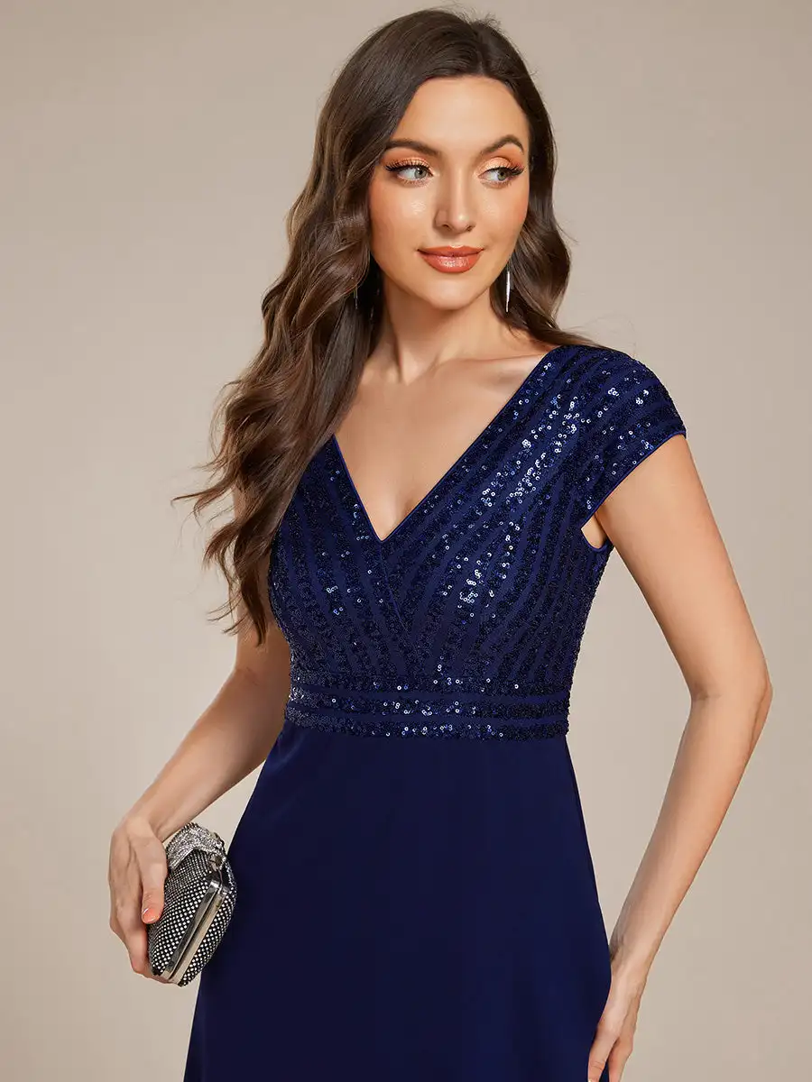 Elegant Evening Dresses Short Sleeve V-Neck Asymmetrical Hem Paillette Detail Ever Pretty of Navy Blue Formal Evening Dress