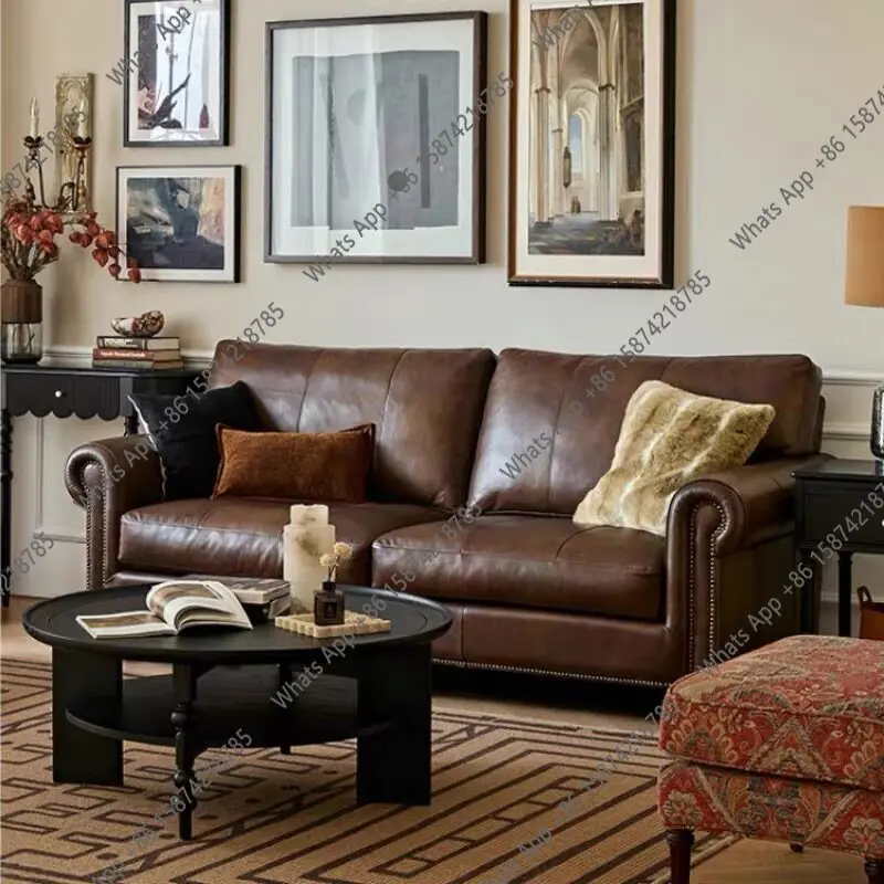 American retro leather sofa straight row living room first layer cowhide large and small apartment villa antique sofa