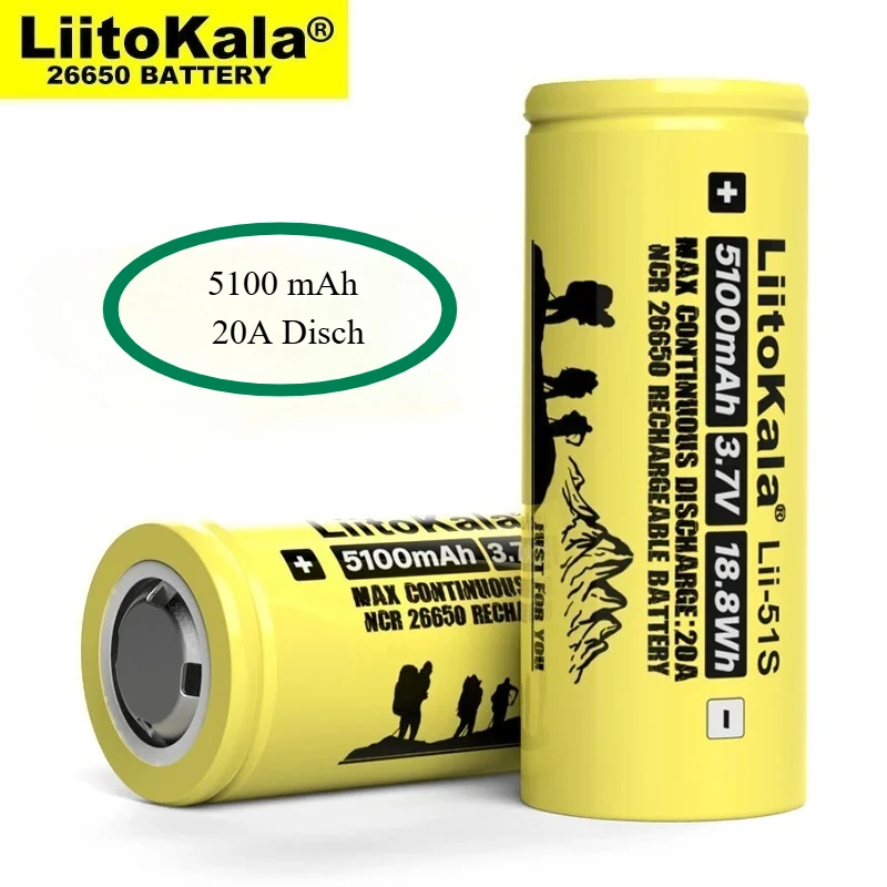 

Liitokala 26650 3.7V LII-51S 20A 5100mAh High Capacity Rechargeable Lithium Battery Aste 26650A for Flashlight