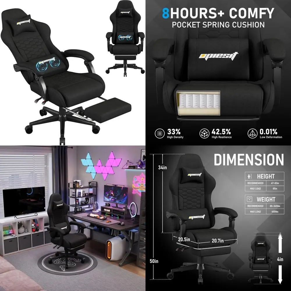 

Ergonomic Gaming Seat for Adults with Lumbar Support, Massage Features, and Footrest, Plus Pocket Spring Comfort