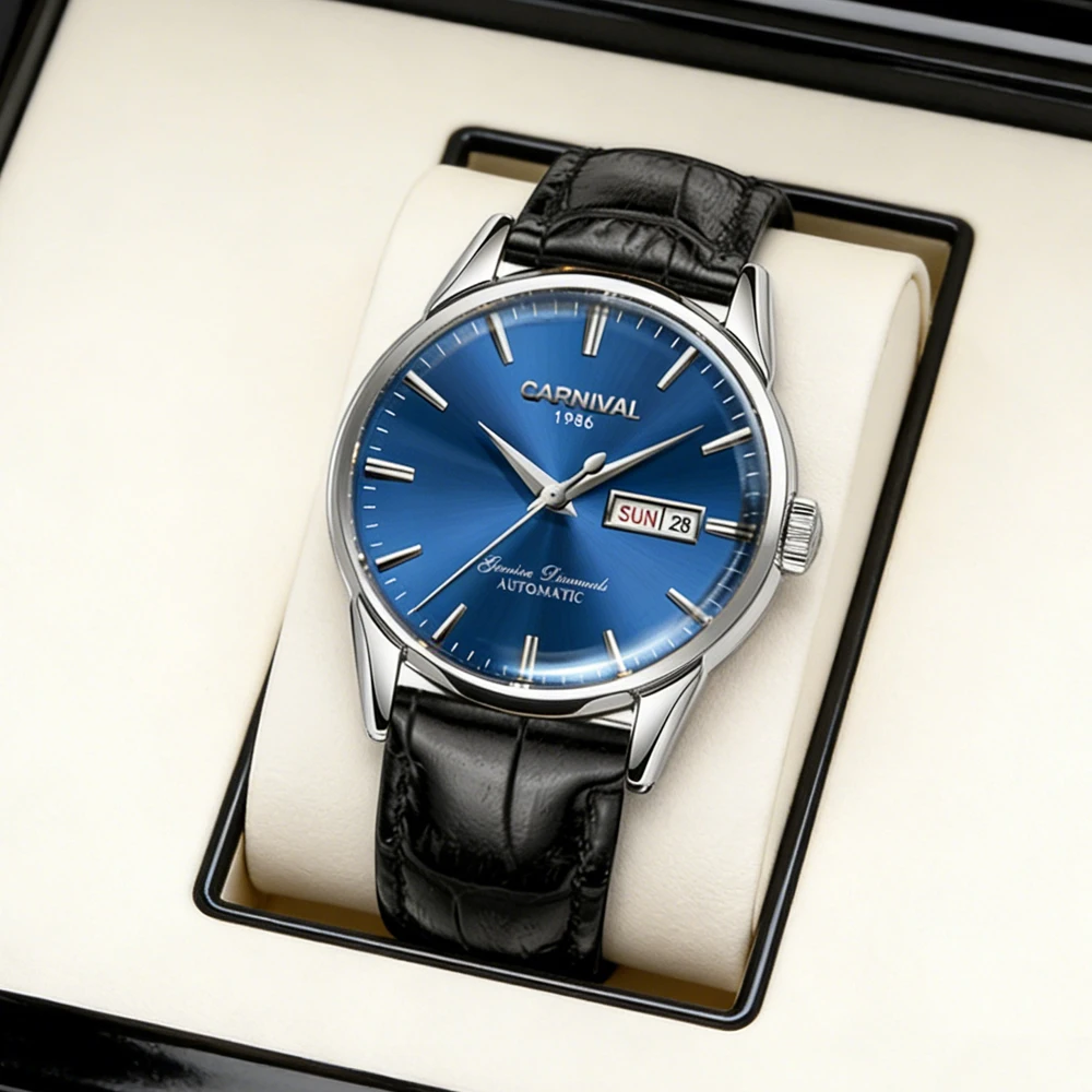 

Мужские механические часы Carnival Fashion, повседневные, кожаные, водонепроницаемые, светящиеся, с календарем и указателем дня недели, автоматические, Relogio Masculino