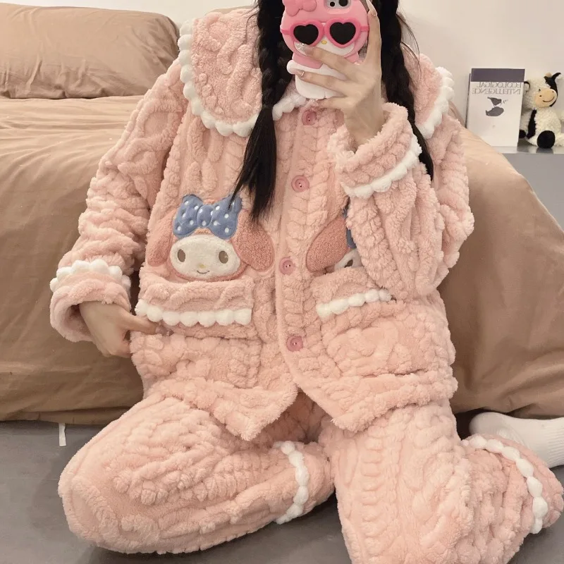 マイメロディ ソフトパジャマ 女の子 ポムポムプリン コーラルベルベット クロミ 厚手フランネル 学生 かわいい＆甘い漫画風ホームウェアセット