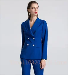 Slim Fit Fashion Women's Royal Blue Pants Set Pantsuits Work Pant Suits OL Women Blazer Jacket and Pants Business Casual Dress