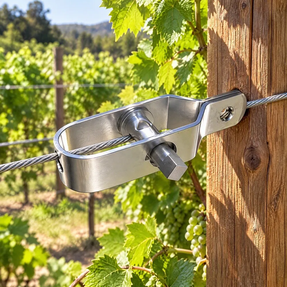Tensioner for Grape Trellis Designed for Integration with Common Greenhouse Post Types and Wire Anchoring Points