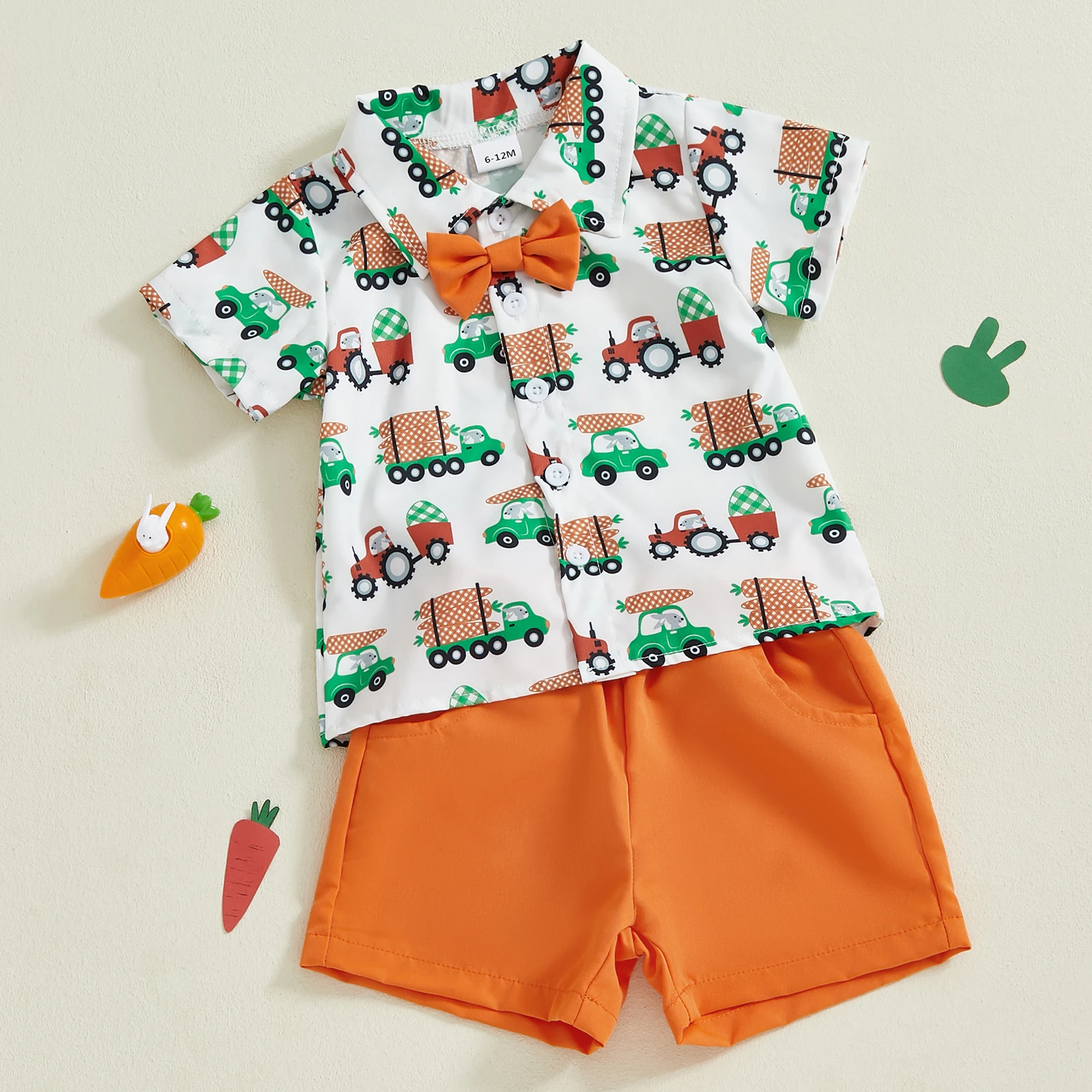 Toddler Boy Easter Shorts Set Carrot Car Print Short Sleeve Button-up Bow Tie Shirt Shorts