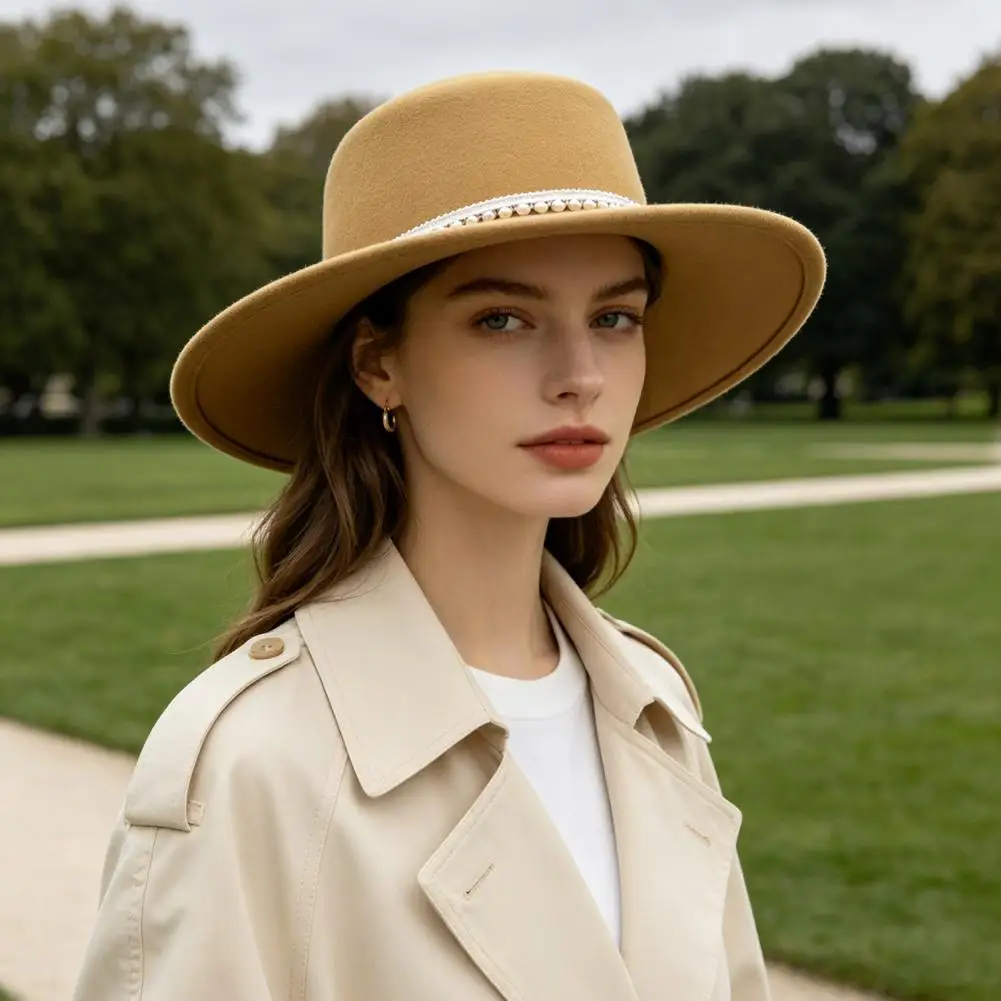 Formal Dinner Party Headpiece Wide Brim Wool Felt Hat for Women Vintage Flat Top Fedora with Faux Pearl Trim Elegant Winter Cap