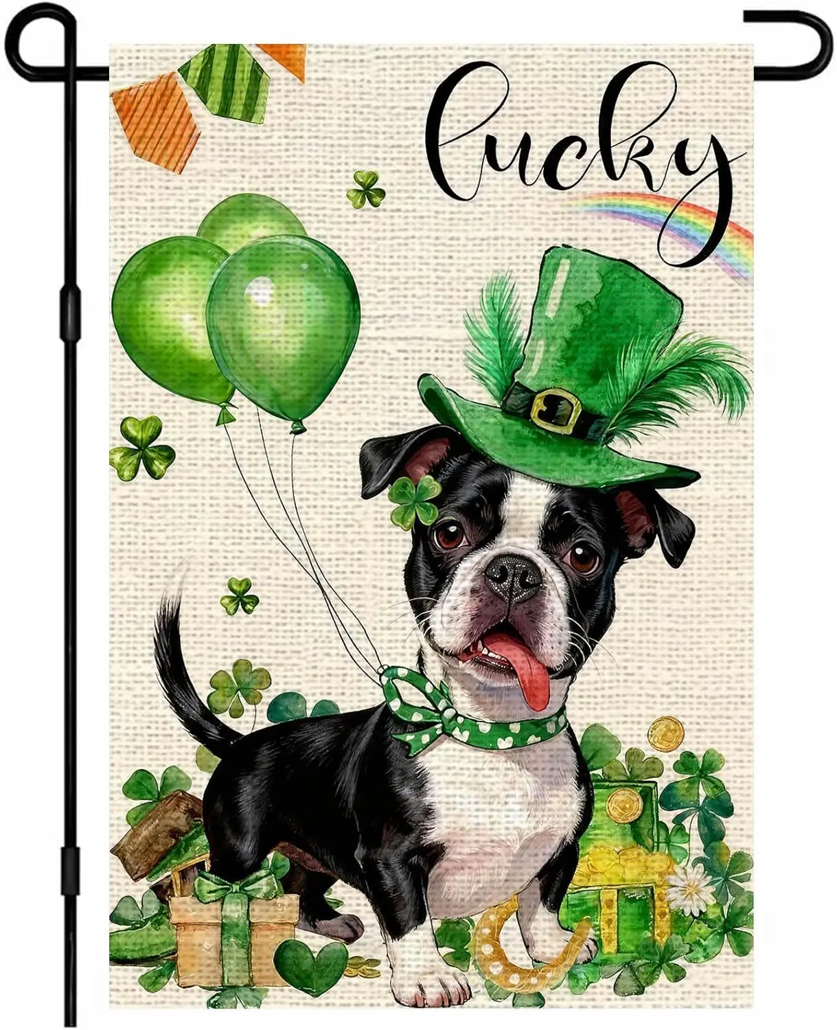 IVN St Patrick's Day Garden Flag 12x18 Inch Lucky Dog Boston Terrier Clover Balloon Flag Double Sided Outdoor Burlap Fla AAS