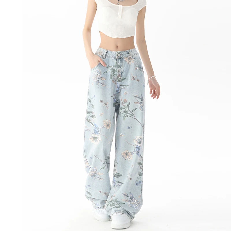 Vintage Floral Print High Waist High Street Blue Straight Jeans Pants Korean Fashion Women\'s Wide Leg Baggy Denim Trouser Y2K