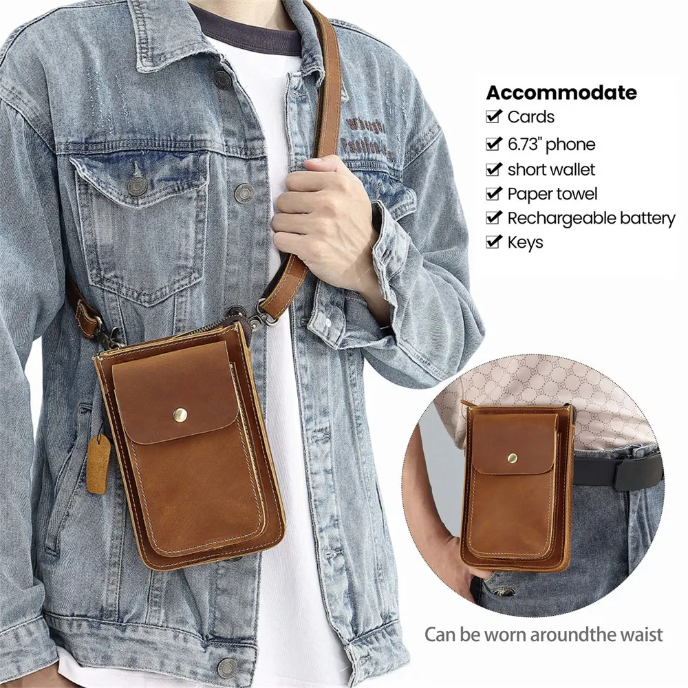 AIGUONIU AIGUONIU New Cowhide Men\'S Fanny Pack Crossbody Belt Bag Chest Bag Fashion Soft Genuine Leather Fashion Leather Waist B