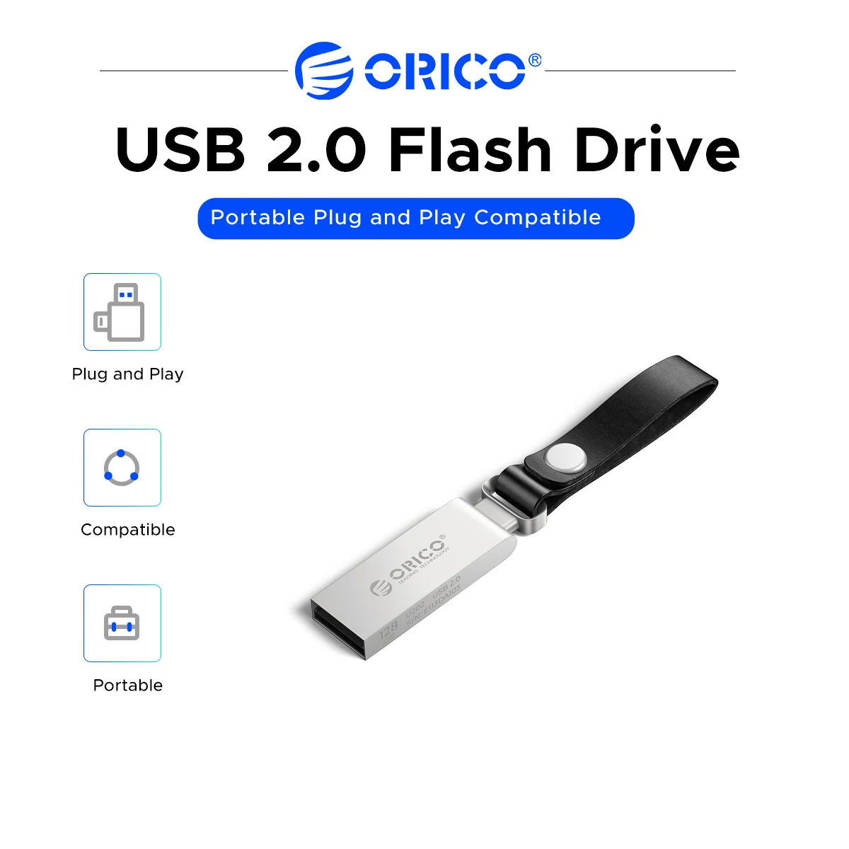 U202 USB 2.0 Flash Drive Portable Zinc Alloy Memory Stick Plug and Play Pen Drive with Lanyard for Car Laptop Student Gifts