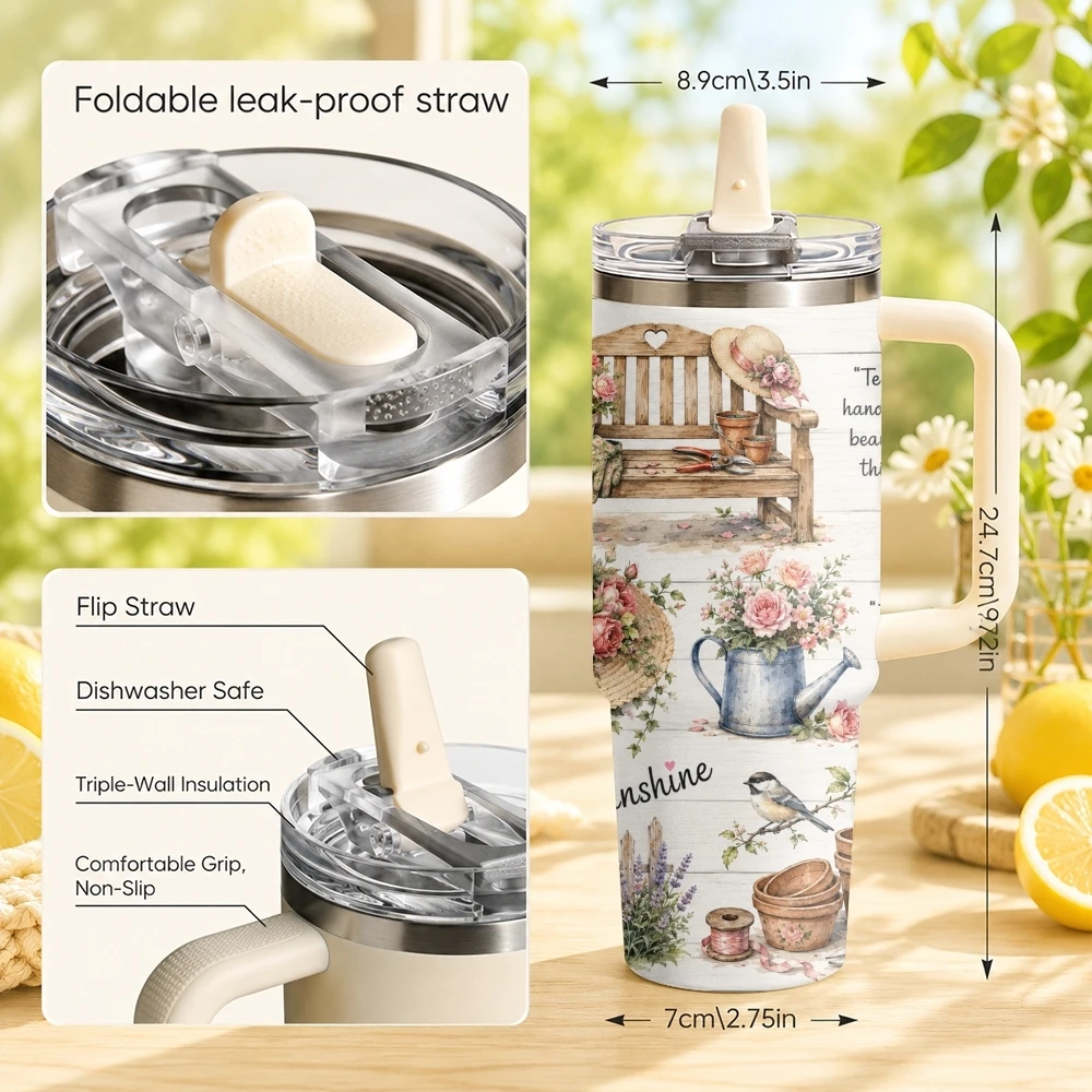 Country-Style Design Vacuum Flasks 40oz Stainless Steel Tumbler with Handle Straw Lid Vacuum Insulated Double Wall Leak Proof