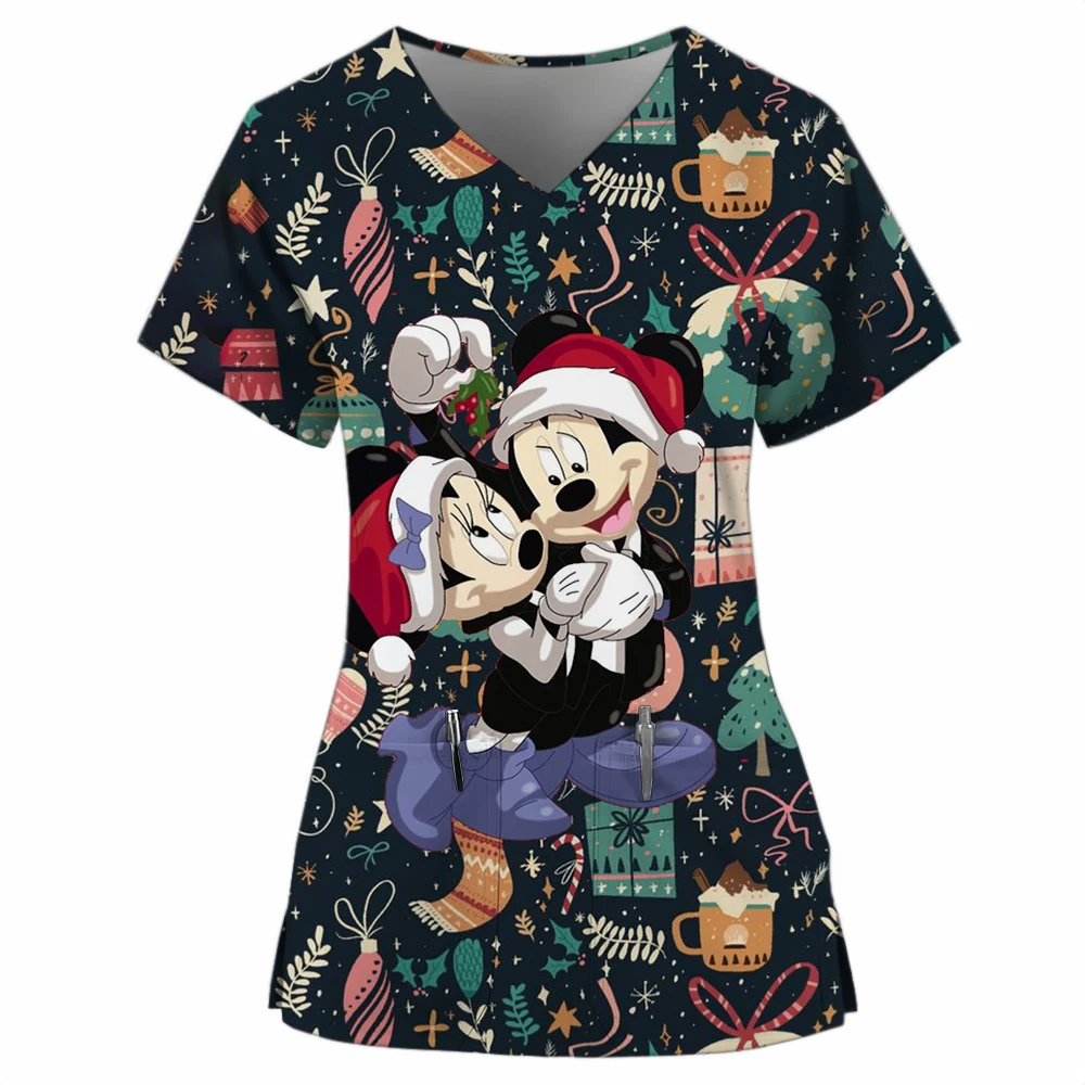 Christmas Women Scrub Tops Disney Minnie Mickey Mouse print with Pockets Short Sleeve V Neck Nursing Uniform Scrubs for Women