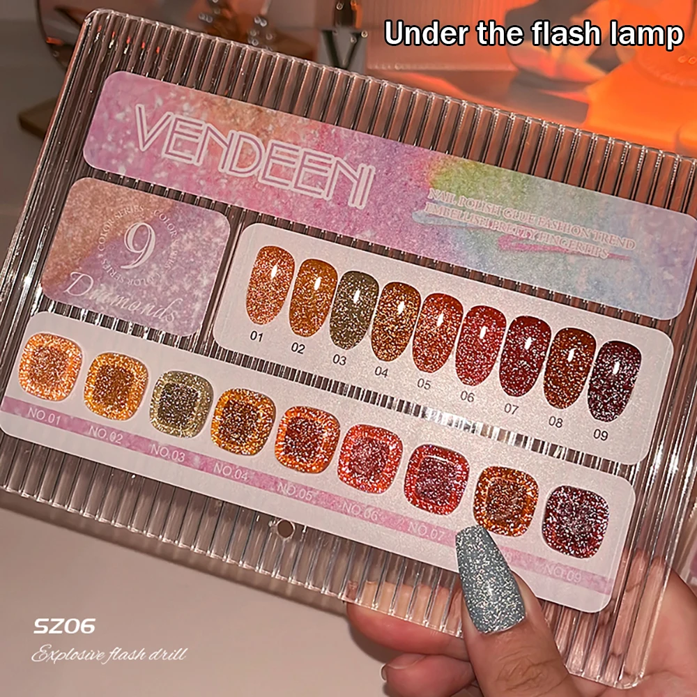 Vendeeni TPO FREE 9 Farben/Set Orange Glitzer Gebrochener Diamant Gel-Nagellack Herbst-Ahornblatt UV-LED-Gel-Lack mit Display – Detail 7