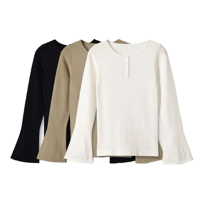 Maxdutti Southern France Minimalist Woman Clothes Basic Long Sleeve Women's Sweater Multi Color Henley Collar Knitted T-shirt