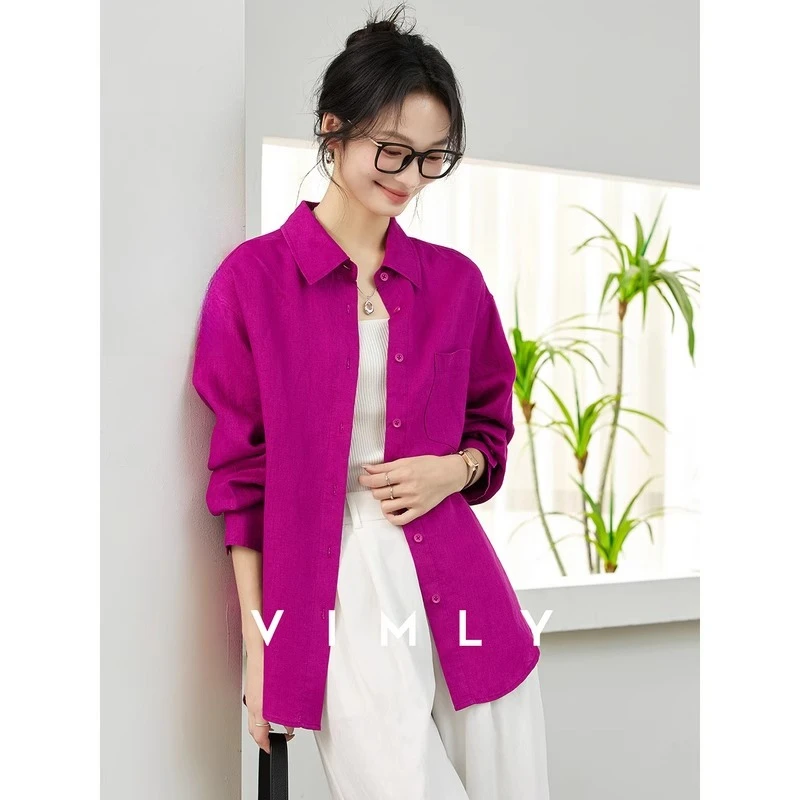 

VIMLY Linen Shirt Women's 2025 Autumn Long Sleeve Top Elegant Polo Neck Button-up Pockets Woman Blouses Camiseta Mujer A2050