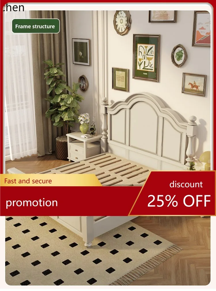 CZ American Country Style Solid Wood Bed High Box Storage Double Bed Vintage Style Master Bedroom 1.8m Natural Wood Bed