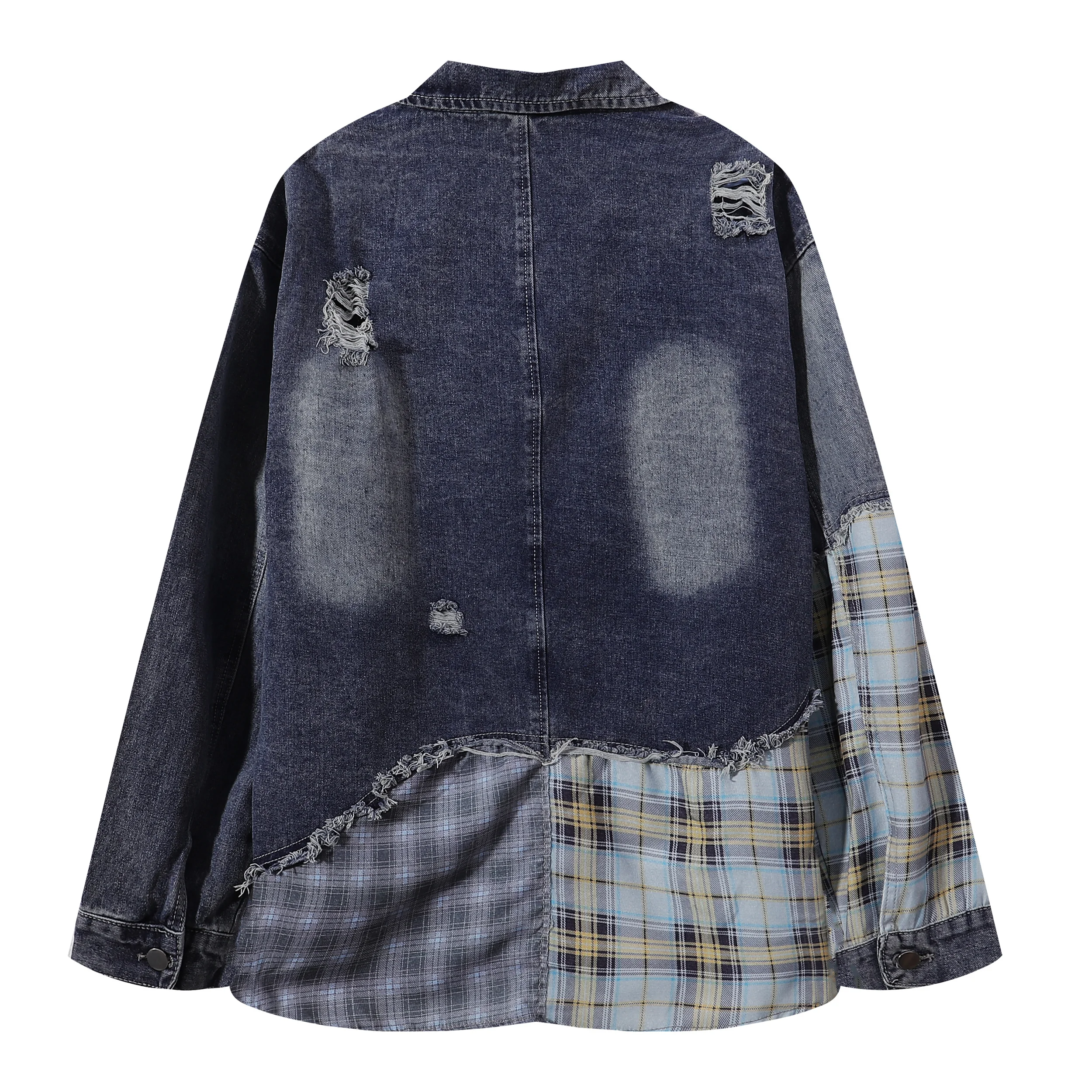 Streetwear Oversized Plaid Patchwork Denim Jacket Shirt Hip Hop Washed Distresse Ripped Jean Jackets Outwears Frayed Hem Shacket