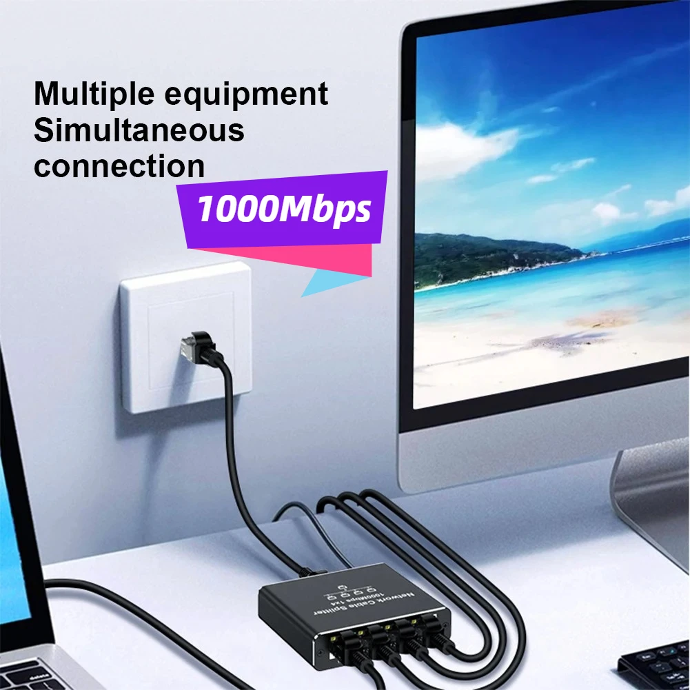 1 To 4 RJ45 Splitter High Speed 1000Mbps Network Connector Splitter HUB 4 Devices Simultaneously Networking for Cat6/7/8 Cable