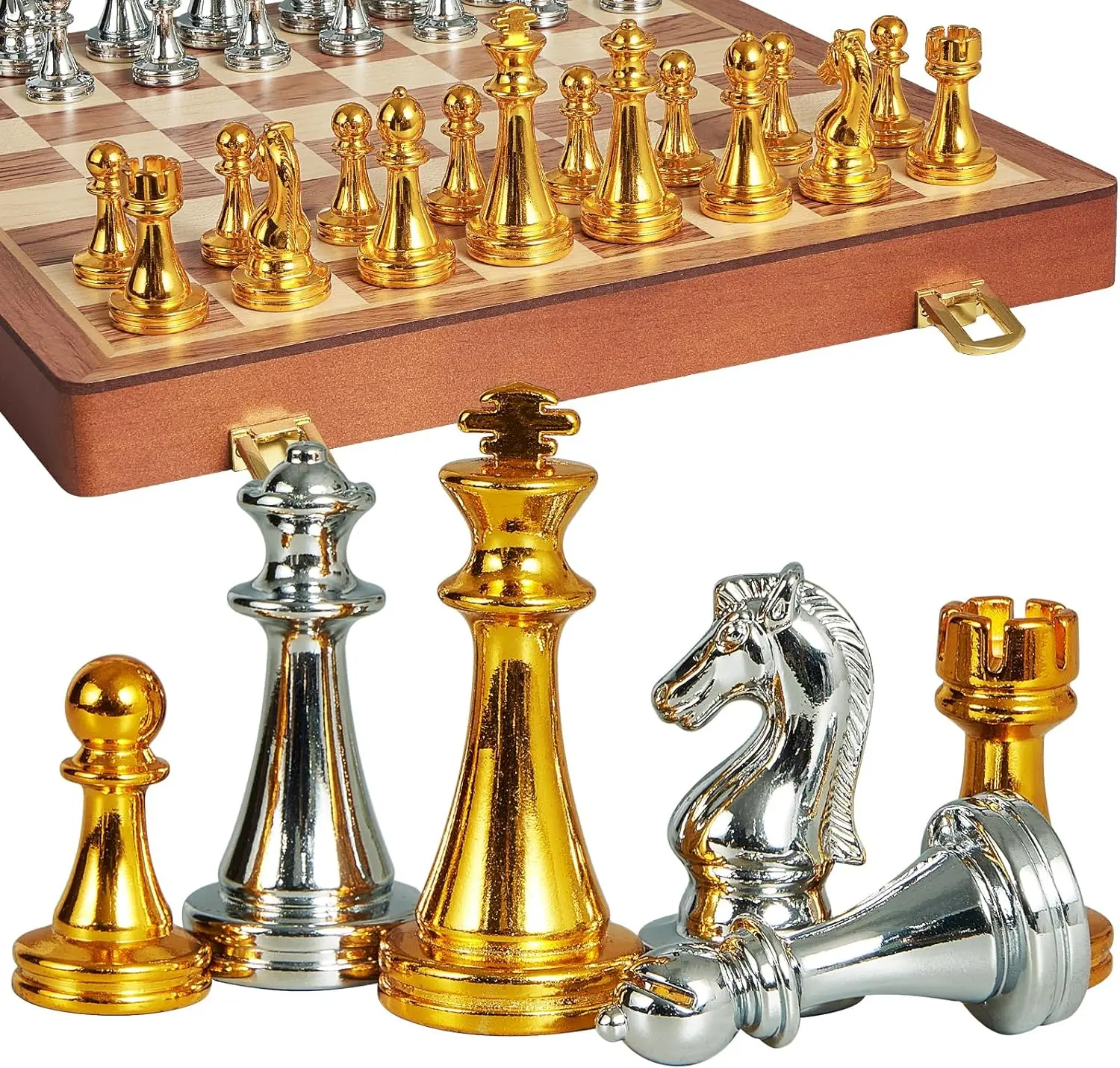 

12'' Folding Wooden Chess Set with Metal Pieces, Portable Travel Game for Adults & Kids