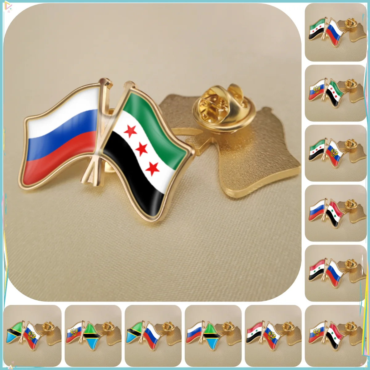 Russian Federation and Syrian Arab Republic Tanzania Double Crossed Friendship Flags Brooches Lapel Pins Badges