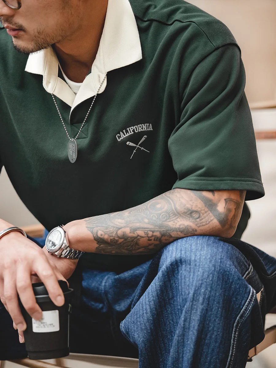 

Рабочая одежда Maden в американском стиле ретро контрастного цвета irt ort Sve Свободная вышивка для колледжа с отложным воротником f Sle...