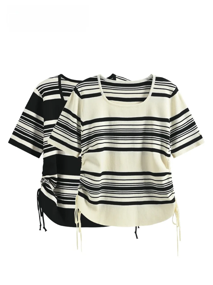

Unique Striped Short Sleeve T-Shirt plus Size Women's Summer Slimming Versatile Loose Fit round Neck Top for Plump Sister