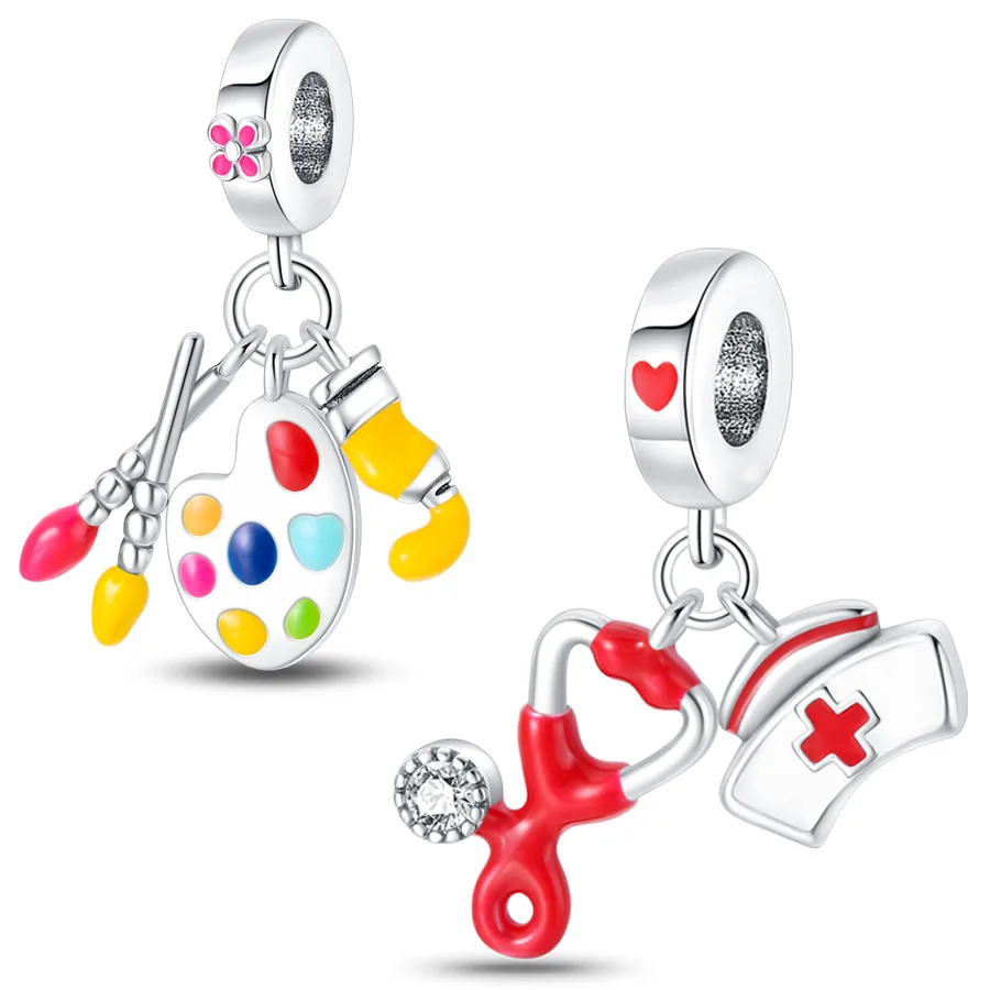 Silver-Plated Stethoscope Cap Dangle CharmsBeads Fit Original Bracelets Bag Keychain Charms Beads Pendant Diy Women Jewelry Gift