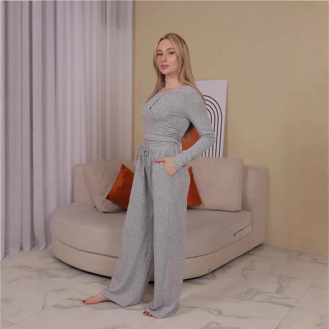 

2025 New Women's Grey Long Sleeve Top, Long Sleeve Trousers, Drawstring Straight Leg Athleisure Trousers Set