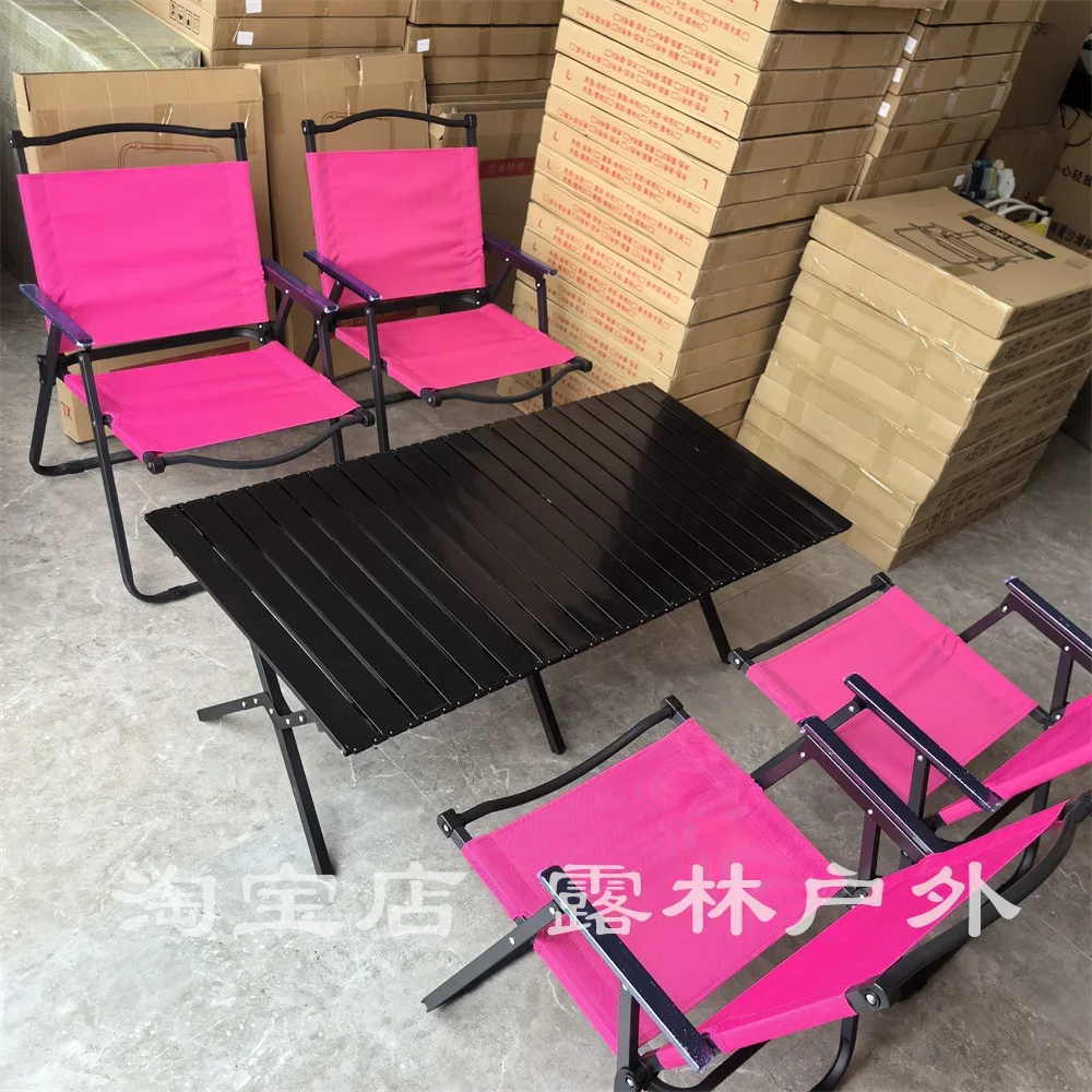 

Outdoor foldable egg roll table black with rose red chair set Internet celebrity restaurant camping style table and chairs