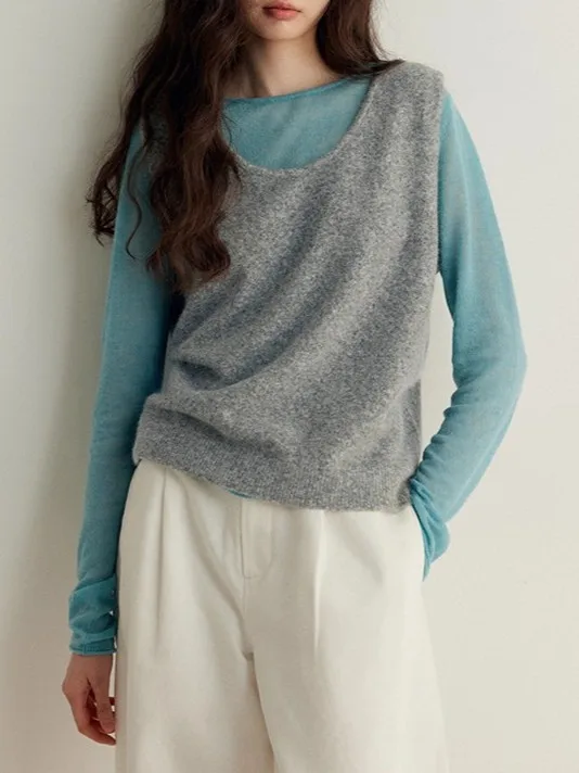 

Womens Vest Spring and Autumn Korean Version Stacked Casual Solid Color Knitted Soft and Comfortable Vest Versatile