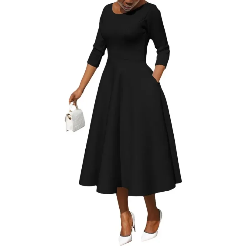 2024 Autumn Winter New Women's Solid Color round Neck Long Sleeves Large Swing Dress Casual