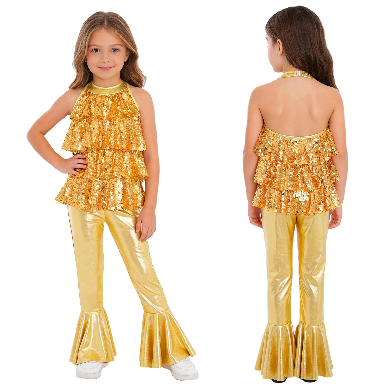 Girls Jazz Dance Costume Sleeveless Backless Metallic Shiny Tiered Ruffles Sequin Bell-Bottom Jumpsuit for Stage Performance