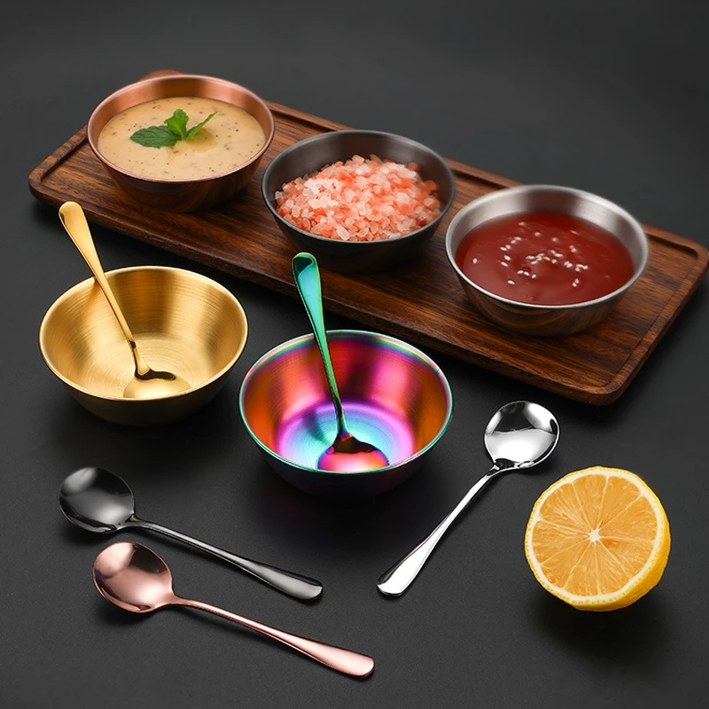 

8Pcs Round Sauce Dipping Bowl with Spoons Stainless Steel Small Sauce Cup Reusable Spice Snack Seasoning Dish Kitchen Tableware