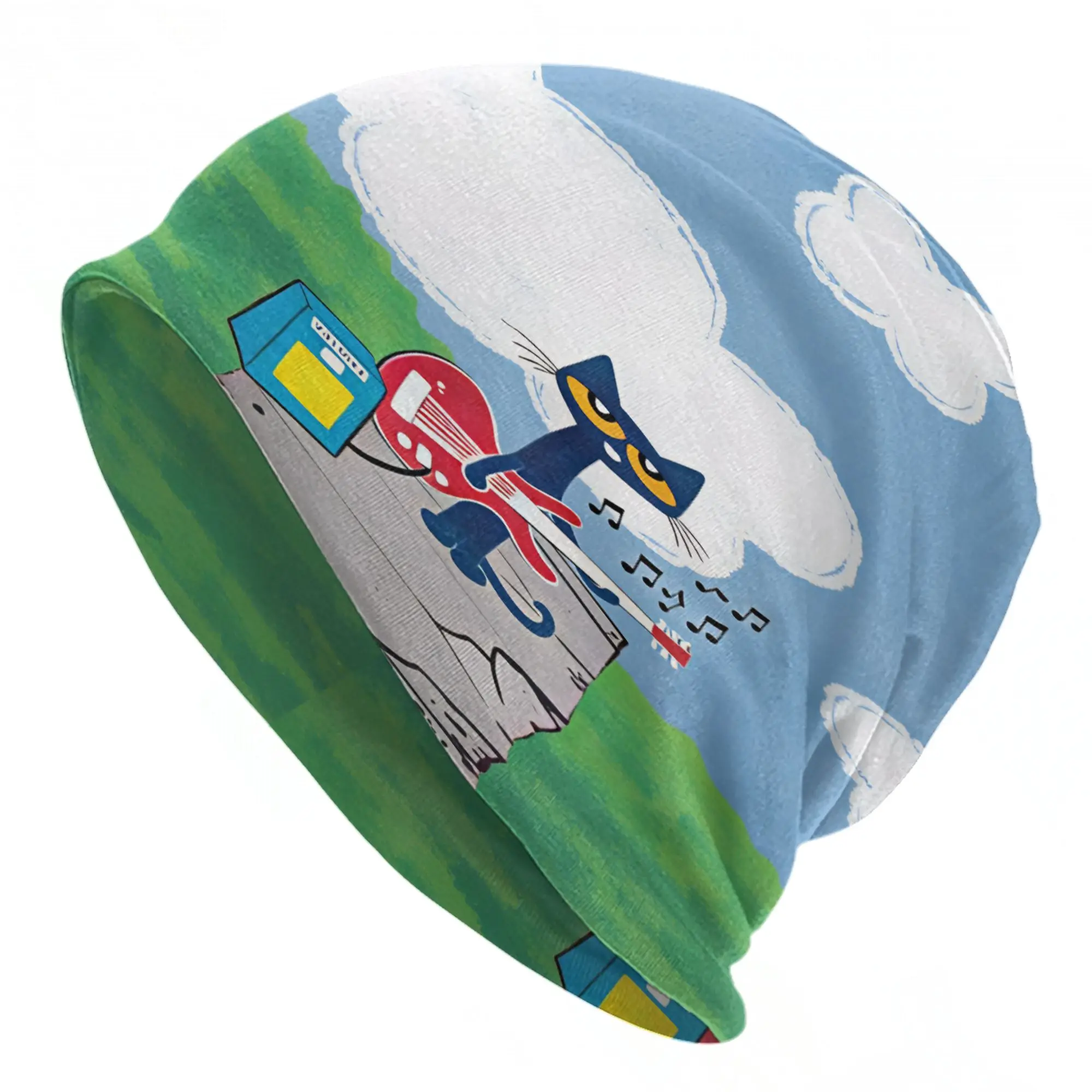 Pete The Cat Stars Comic Beanie Hats  Cute Caps Men Women Unisex Kpop Knit Hat Spring Pattern Thermal Elastic Beanie Hats