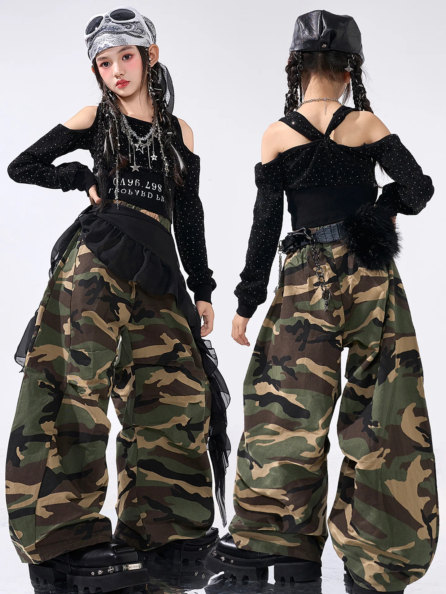 키즈 케이팝 힙합 의류 블랙 오프숄더 크롭 티셔츠 탑 카모 파라슈트 배기 팬츠 소녀 스트리트 댄스 의상