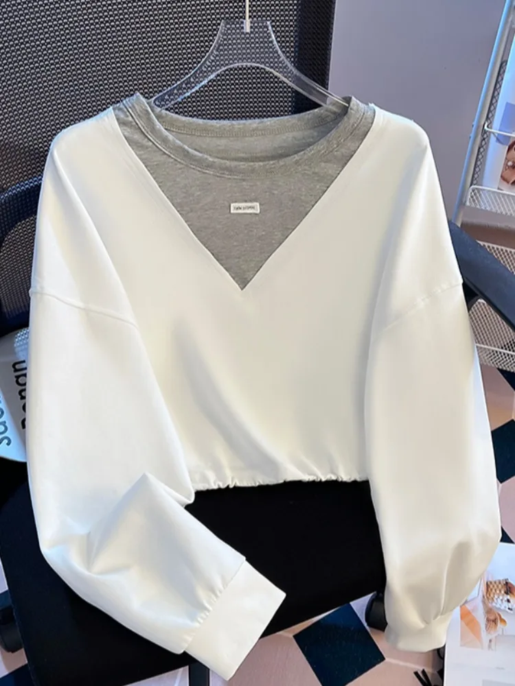 

Женский свитшот свободного кроя с круглым вырезом и длинными рукавами, в стиле колор-блок, модный топ для ранней осени, оригинальный дизайн.