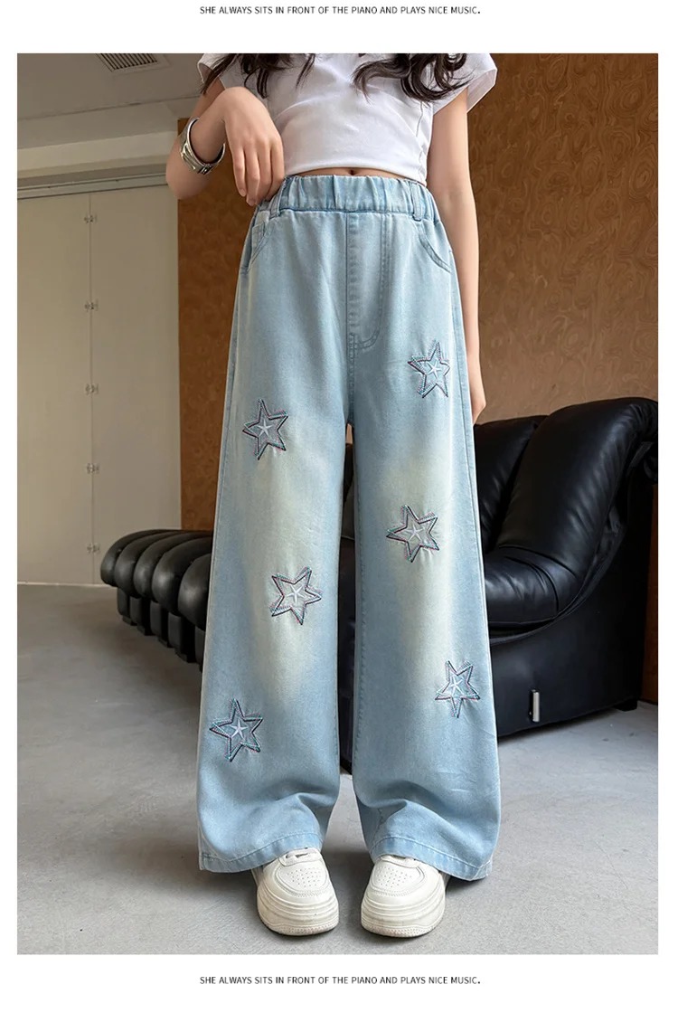 Jeans für Teenager-Mädchen mit Stern-Stickerei, Sommerliche Casual-Mode, Kinder-Jeans mit weitem Bein, Dünne Leichte Schulhosen aus Denim – Detail 4