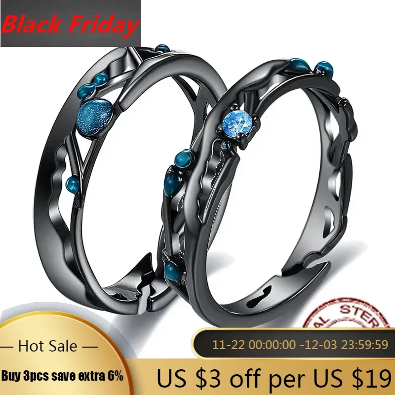 Trumium  CZ Milky Way Black Rings Blue Bright Cubic Zirconia Bands 925 Silver Rings for Women Lover Vintage Bohemian Retro Gift