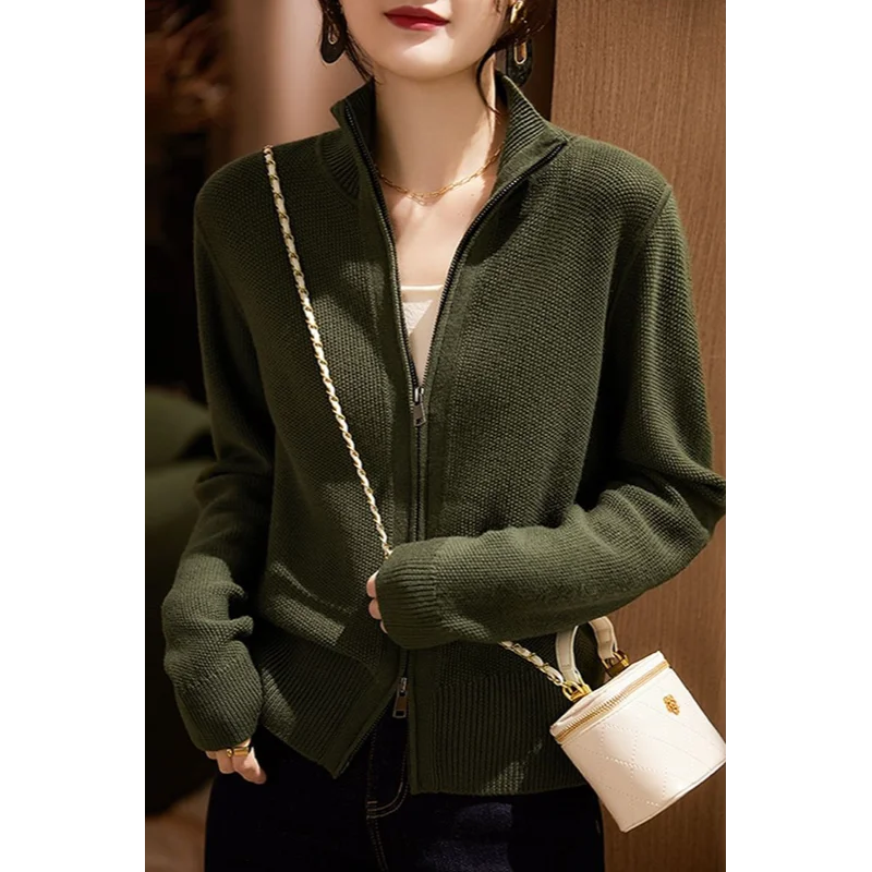 

Stand-collar Zipper Knitted Cardigan for Women in Autumn and Winter New Outerwear Loose Slim Short Sweater Early Spring Jacket