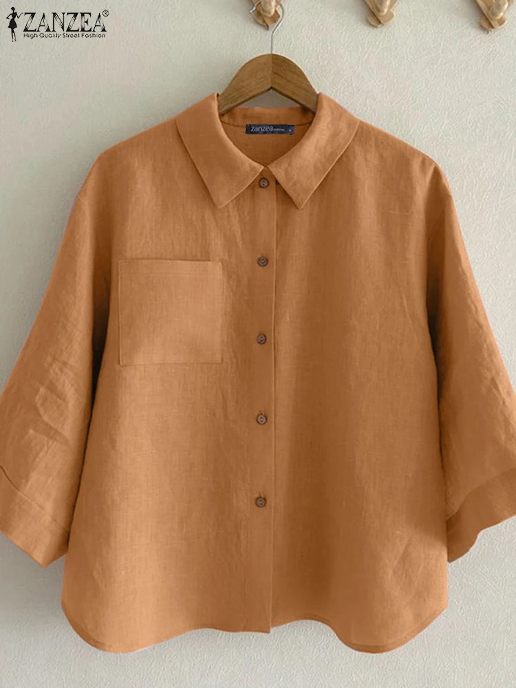 Vintage Lapel Neck 3/4 Sleeve Office Shirts ZANZEA Summer Cotton Blouses Women Casual Solid Work OL Tunic Tops Buttons Chemise