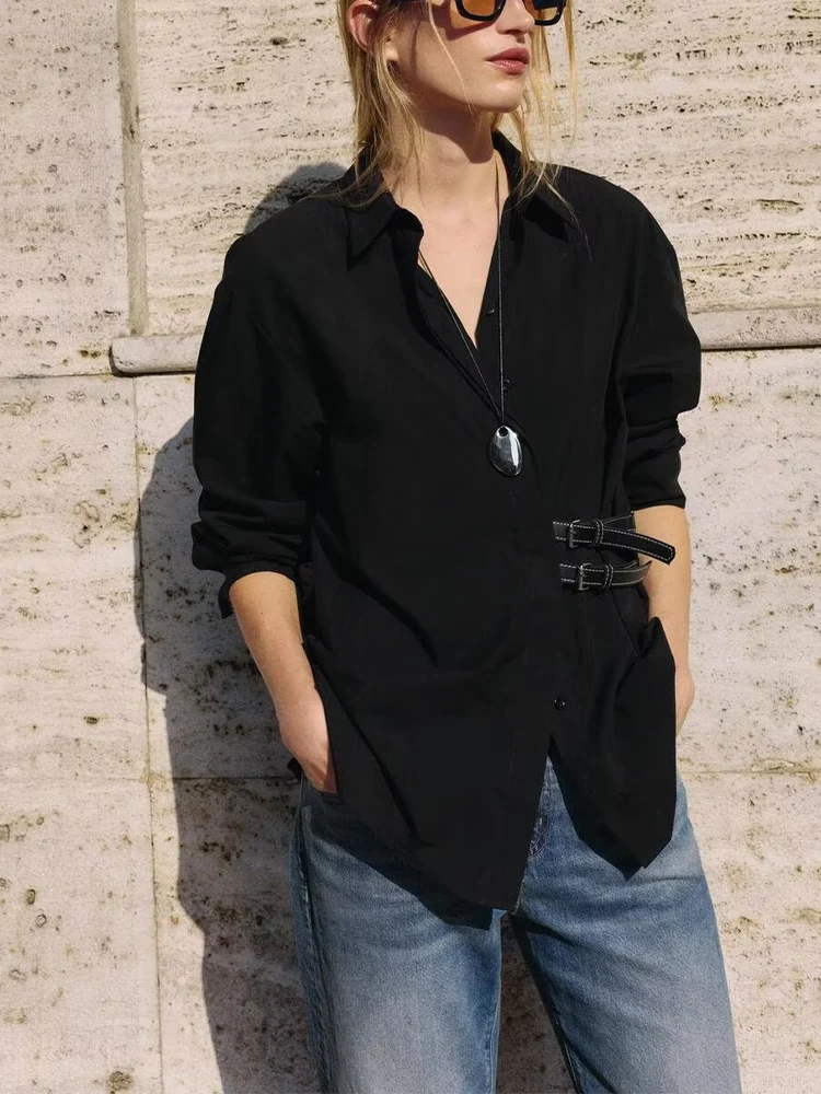 

European and American style 2025 autumn new women's clothing loose casual lapel long sleeve belt decorated shirt