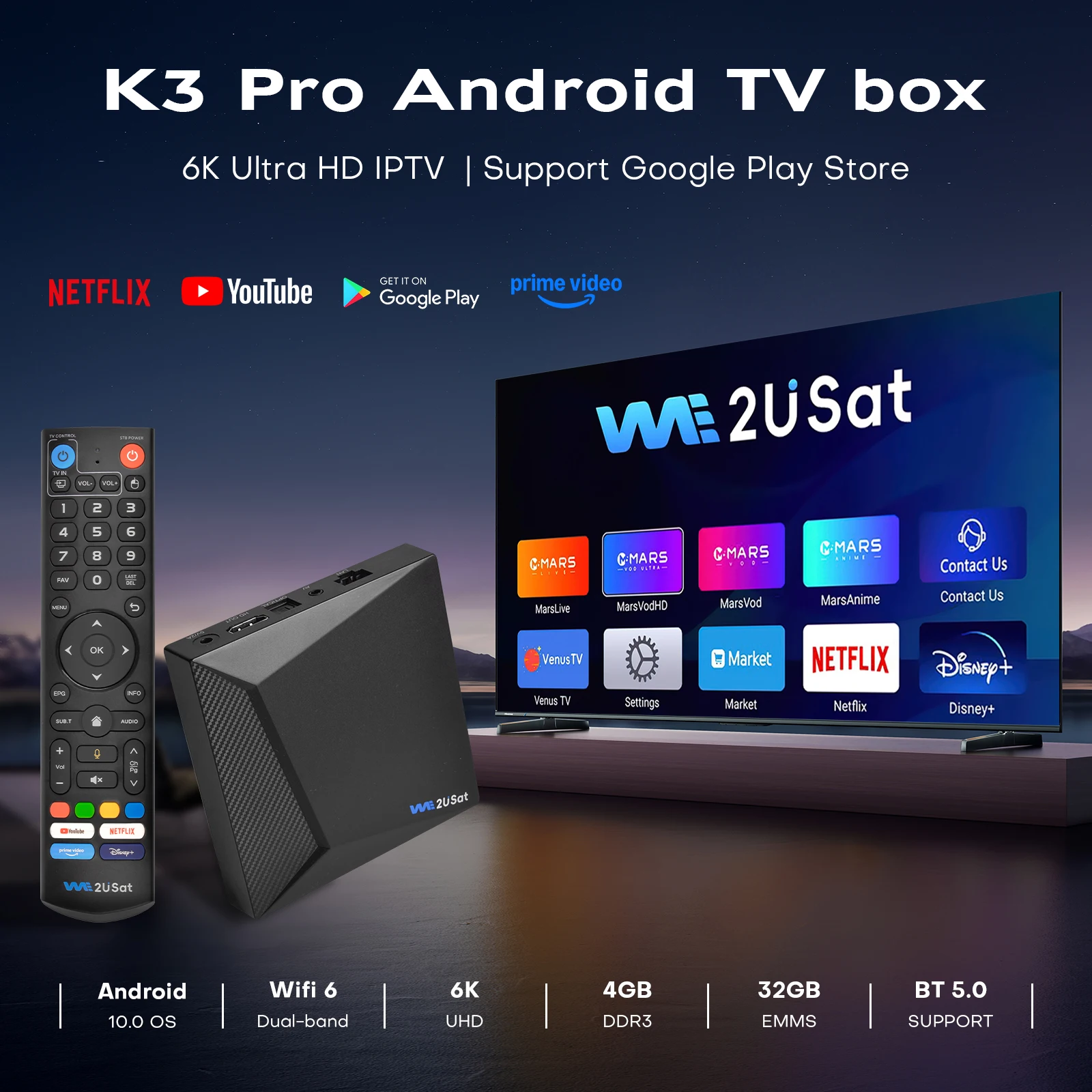جهاز استقبال الأقمار الصناعية We2uSat K3 Pro 6K HDR Android 10.0 H.264/H.265 Smart TV BOX 2.4G/5G WIFI BT 5.0