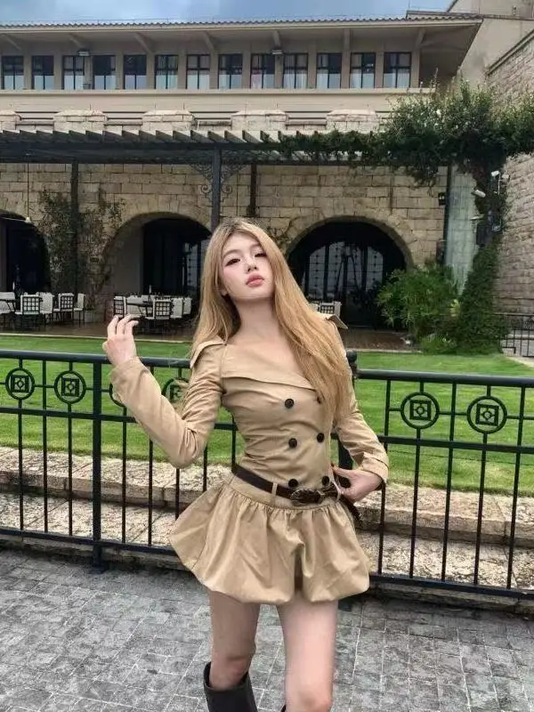 Rétro Ele Long Sve coupe-vent Dr marron Double bouton épissage taille cintrée fleur bourgeon ort jupe femme Faion