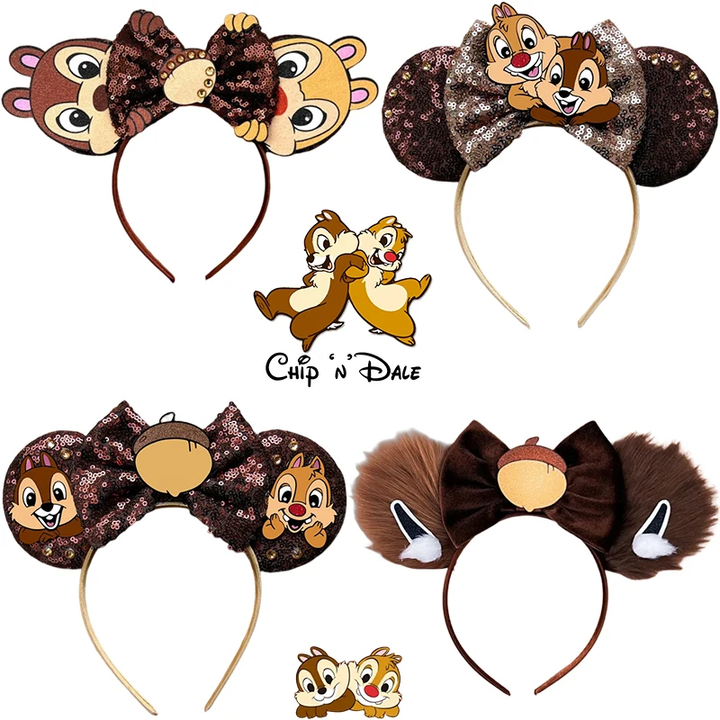 Bando Chip Disney 'n' Dale untuk wanita aksesori rambut telinga Tamias Anime gadis Pinecone Bow Hairband hadiah pesta karnaval anak-anak