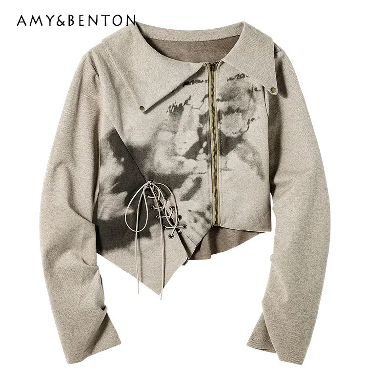 

2025 Spring and Autumn New Oatmeal Color Asymmetrical Tie Dye Print Zipper Long Sleeve Casual Daily T-Shirt Top