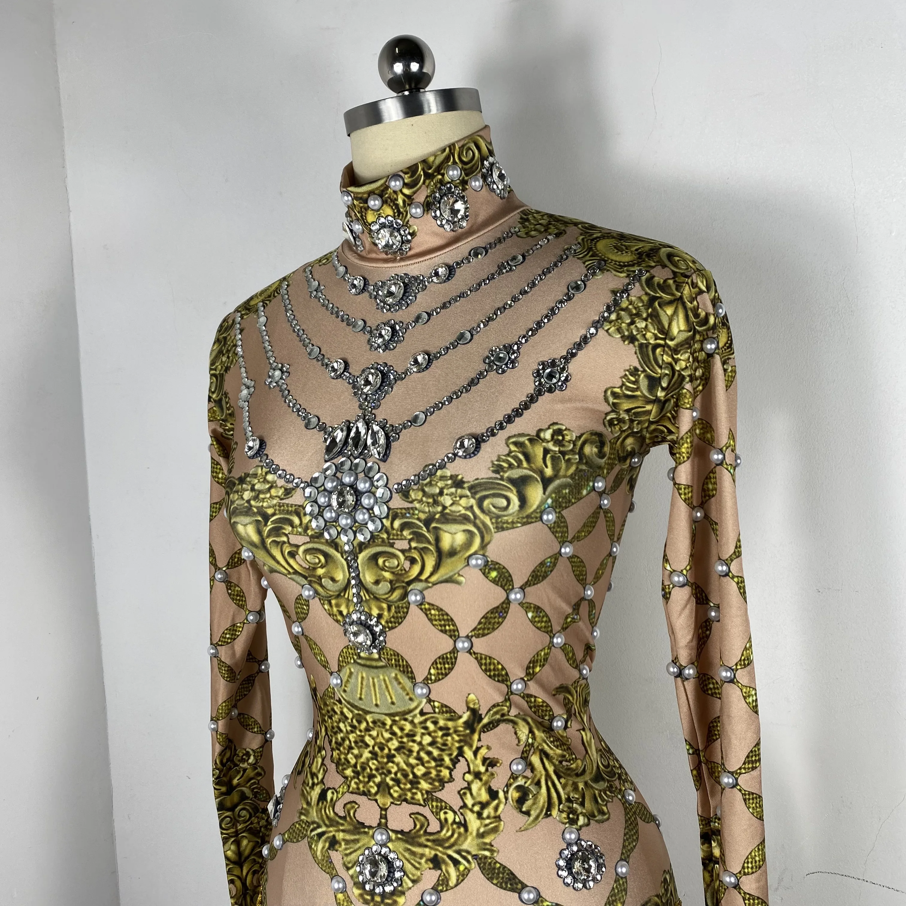 sexy nappe dorate strass abito a maniche lunghe drag queen costumi cantante festa compleanno club palco ​ abbigliamento da sera per festeggiare