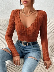 Fashion Women Autumn Simplicity Slim Solid Brown Color V-neck Long Sleeve Knitwear Ladies Office Lady Appear Thin Knitting Tops